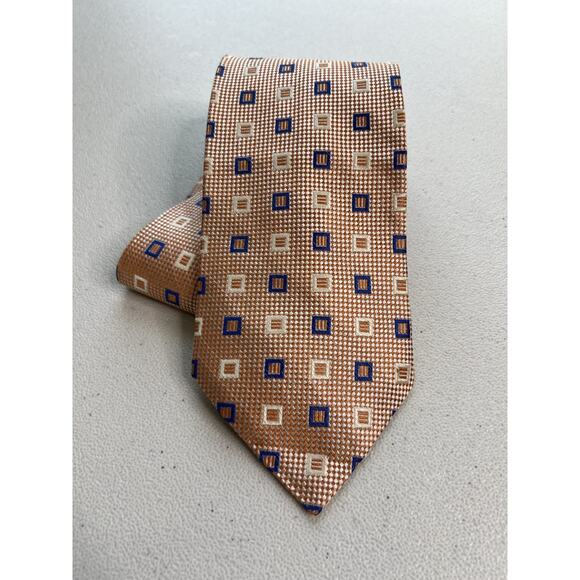 Dion Signature Tan/Peach Blue, White/Cream Geometric Handmade 100% Silk Tie NWOT - Picture 1 of 8